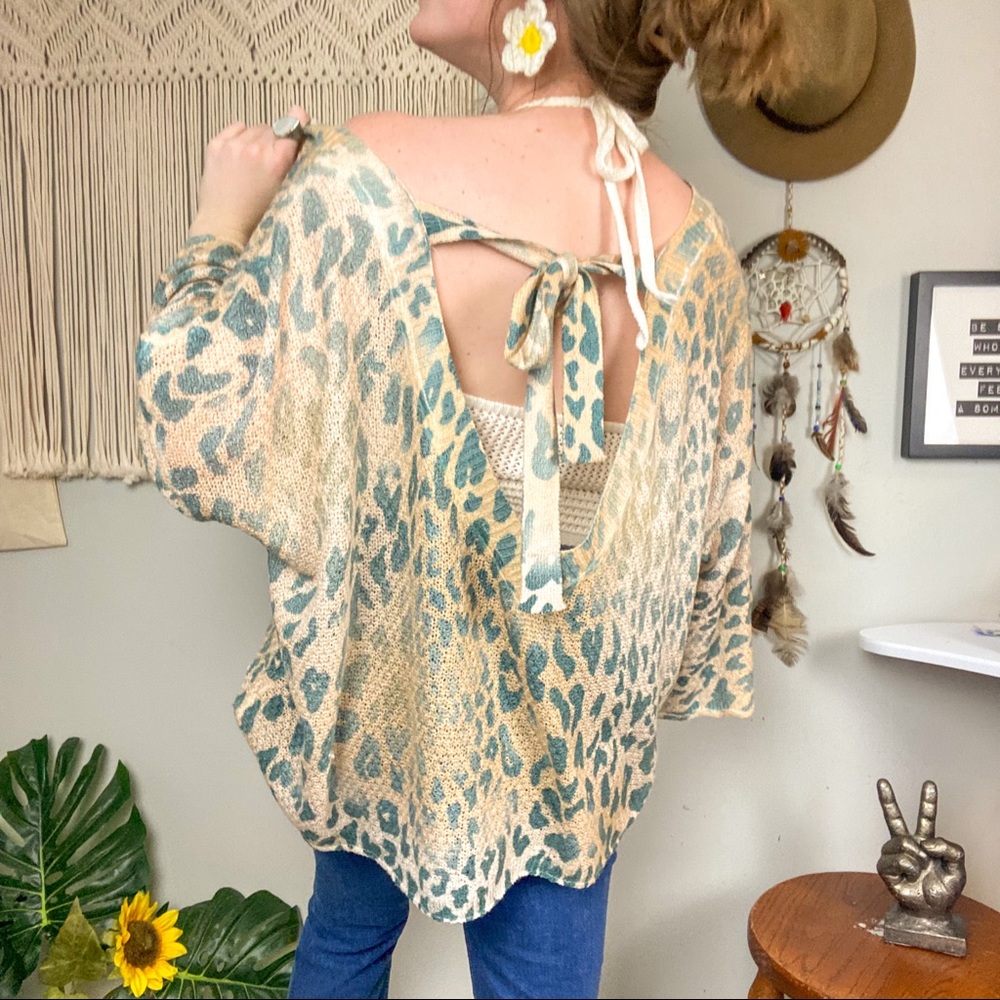 POL Anthropologie Animal Print Open Tie Back Oversized Knit Top Size Small